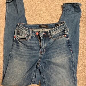 Judy Blue Vintage Wash Mid-Blue Boyfriend Jeans with Coral Accents